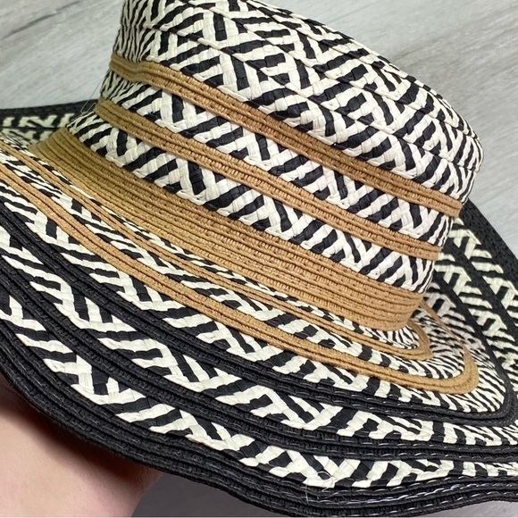 Steve Madden Sun Floppy Hat White Black Paper Straw Khaki One Size Wide brim - Picture 5 of 7